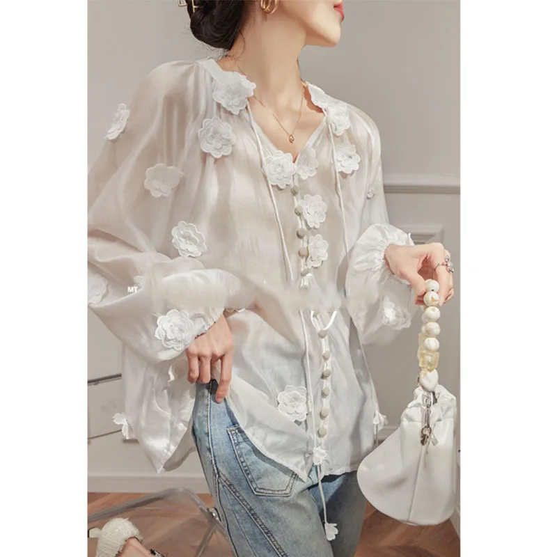 

New 2024 Design Women Blouse 3D Flowers Attached Shirt Female Sexy Transparent V-neck Lantern Sleeve Loose Top French Style 3931