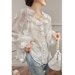 New 2024 Design Women Blouse 3D Flowers Attached Shirt Female Sexy Transparent V-neck Lantern Sleeve Loose Top French Style 3931