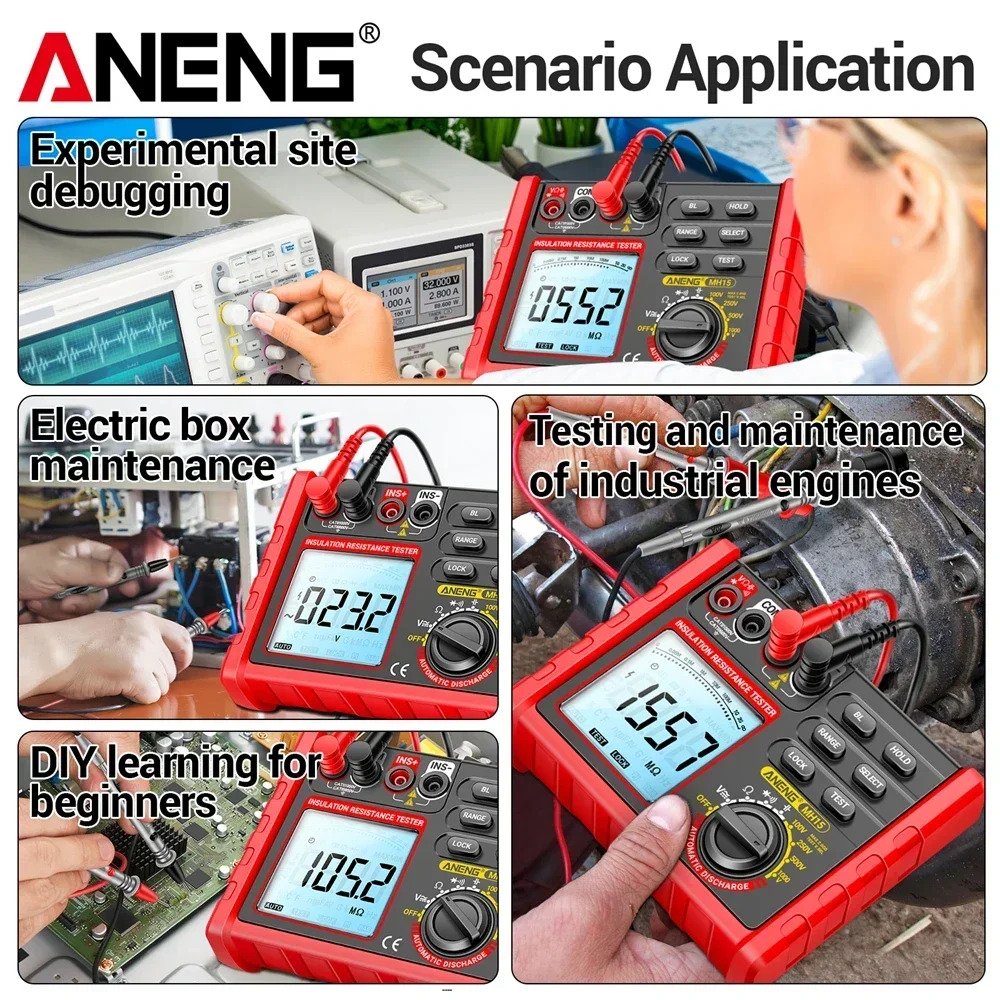 ANENG MH15 Ohmmetro digitale Misuratore di resistenza di isolamento 6000 Tester di resistenza di conteggio Test di condensatori Megohmmetro Strumento ad alta tensione