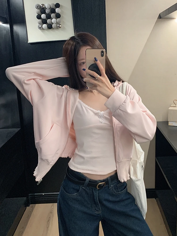 Sweat à capuche coréen doux Anti-âge avec fermeture éclair Jaet femmes printemps automne Faion vêtements d'extérieur oreille en bois longue Sve ouvert Cardigan haut