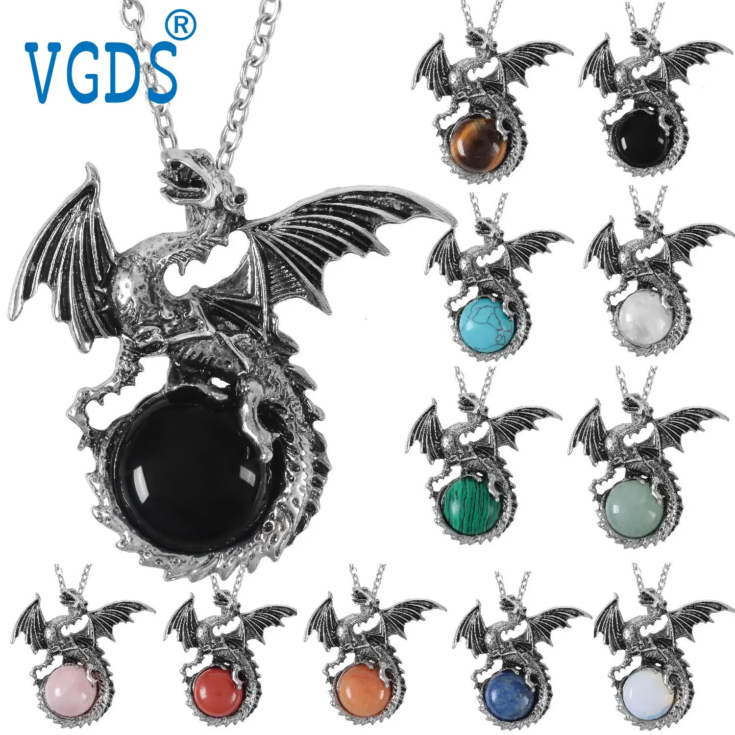 VGDS Animal Vintage Domineering Dragon Men Pendants Natural Crystal Quartz Jasper Gemstone Charms Jewelry Necklaces for Women