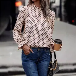 Elegant Office Lady Printed Pullover Shirt 2024 New Long Sleeved Ruffled Women's Blouses Tops Femme Blusas Streetwear Camisas