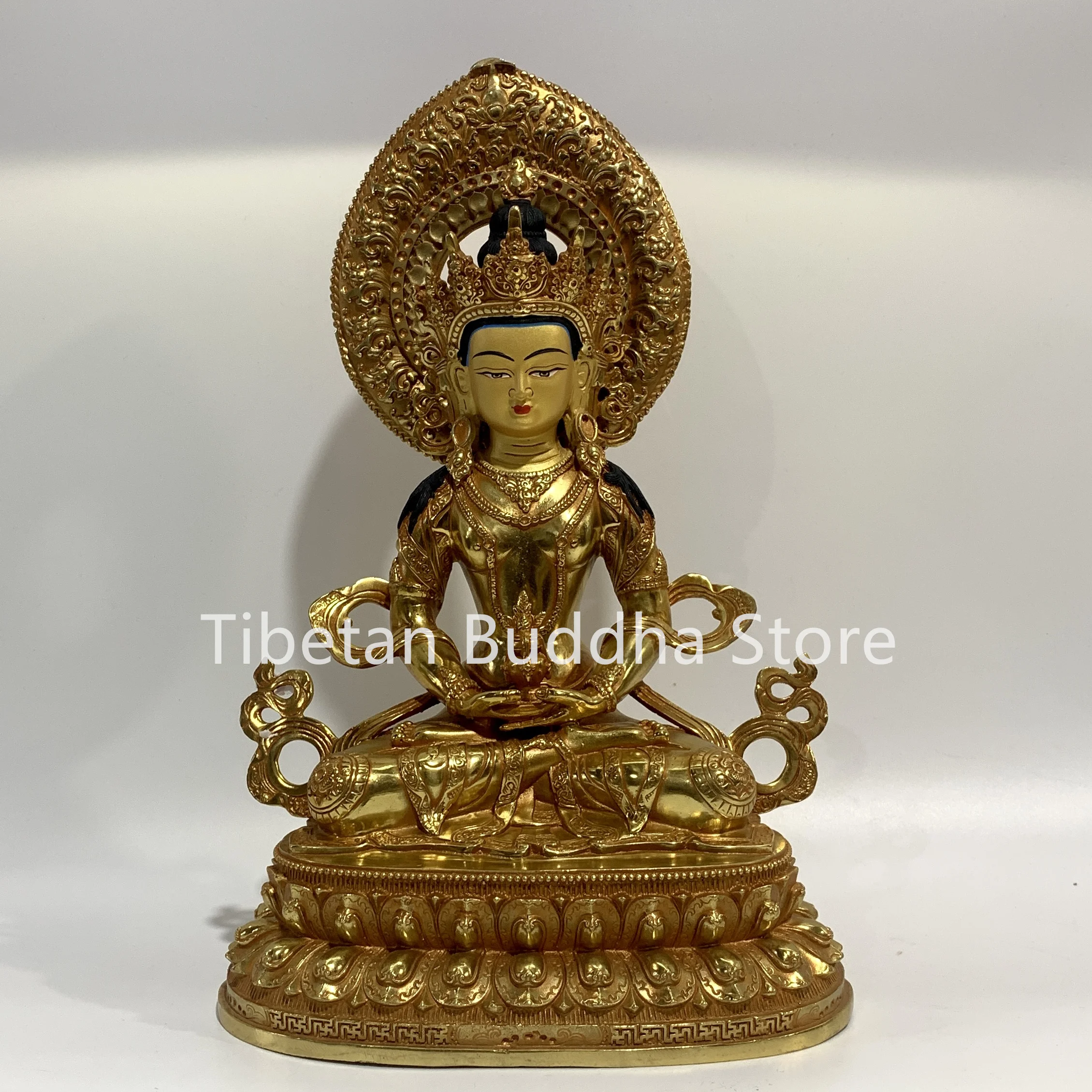 34 cm Longevity Buddha with Backlit Pure Copper Gilded Buddha Statue High Longevity Buddha Hall Decoration