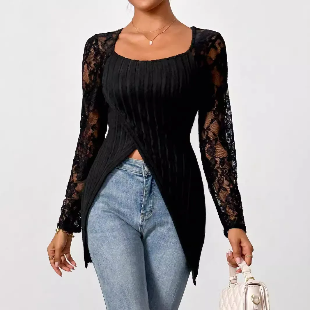 Cross-border 2025 New Simple Fashion Lace Splicing Long-sleeved Irregular Hem Slim T-shirt Top Women's Cw68989