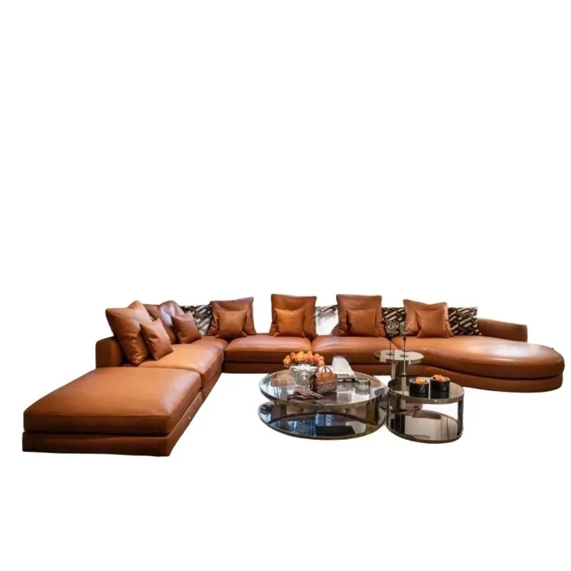 Italian minimalist large flat floor size apartment designer straight row corner round concubine living room villa leather sofa