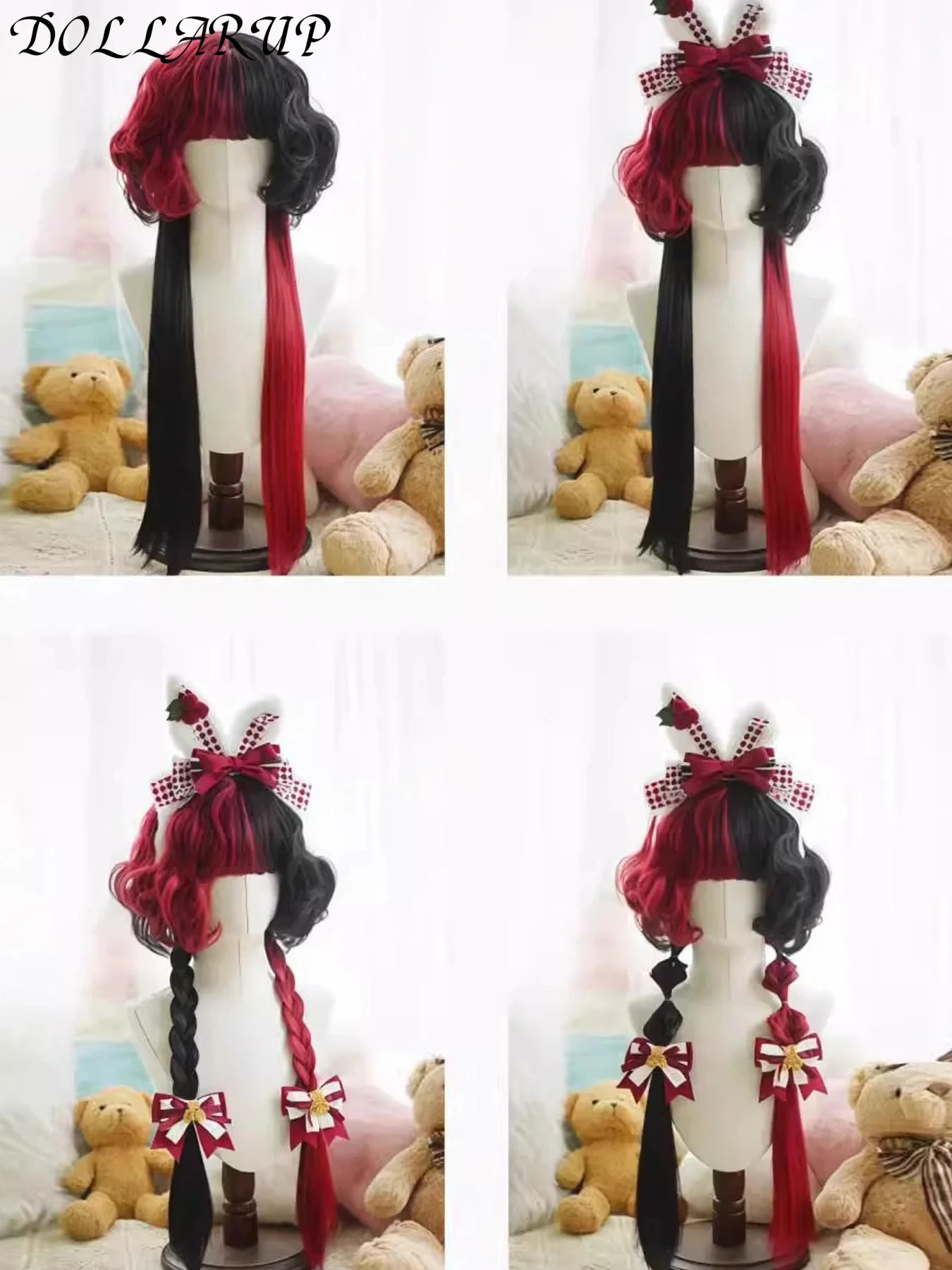 JKL شعر مستعار اصطناعي قنديل البحر لفة اللون محظورة طبعة طويلة لفة الشعر موضة أبيض وأسود أحمر بني وردي اللون مطابقة Loli #3