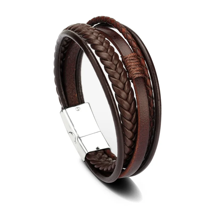 Wholesale Multilayer Leather Rope Wrap Hand Weaving Bracelet Braided Magnetic Buckle Stainless Steel Bracelets for Men Jewelry