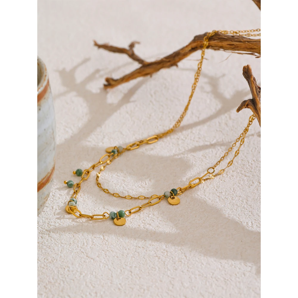 Yhpup Exquisite Stainless Steel Green Natural Stone Double-Layer Chain Stacking Necklace for Women High Quality Jewelry Gift