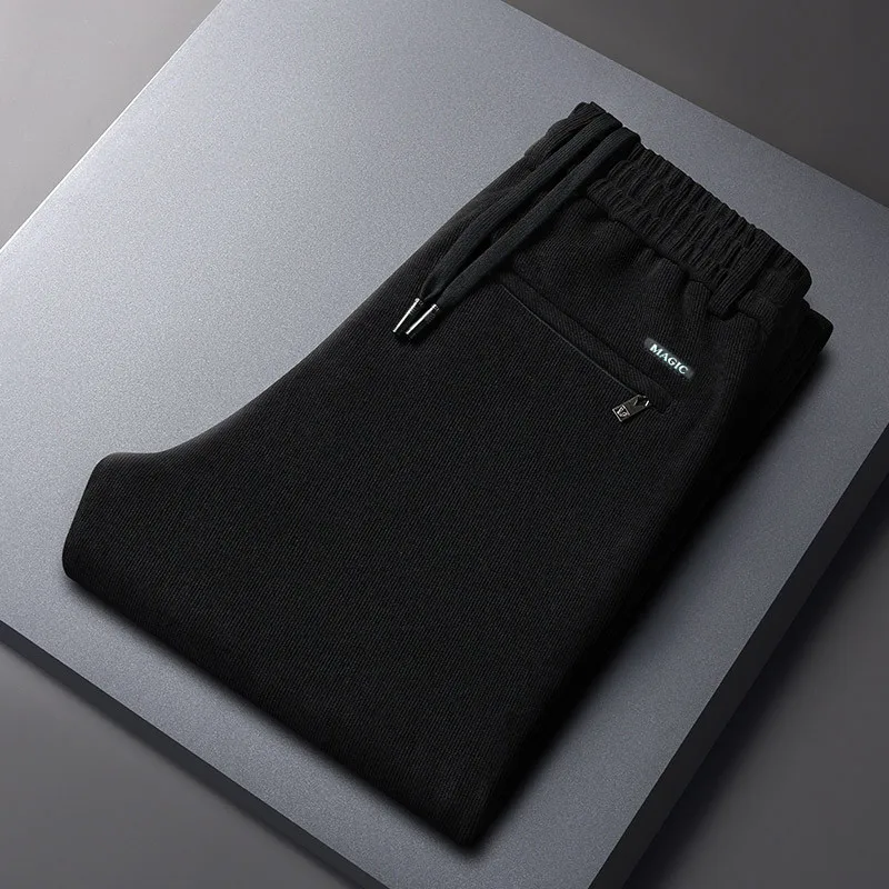 Men Vertical Striped Elastic Casual Pants Thick Fleece Lined Loose Sports Long Trousers