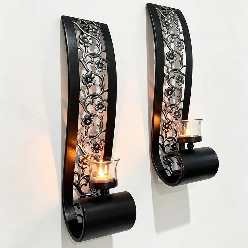 American Vintage Black & Silver Wall Mounted Wrought Iron Candle Holder, Wall Candle Cup for Living Room Soft Furnishing & Holid