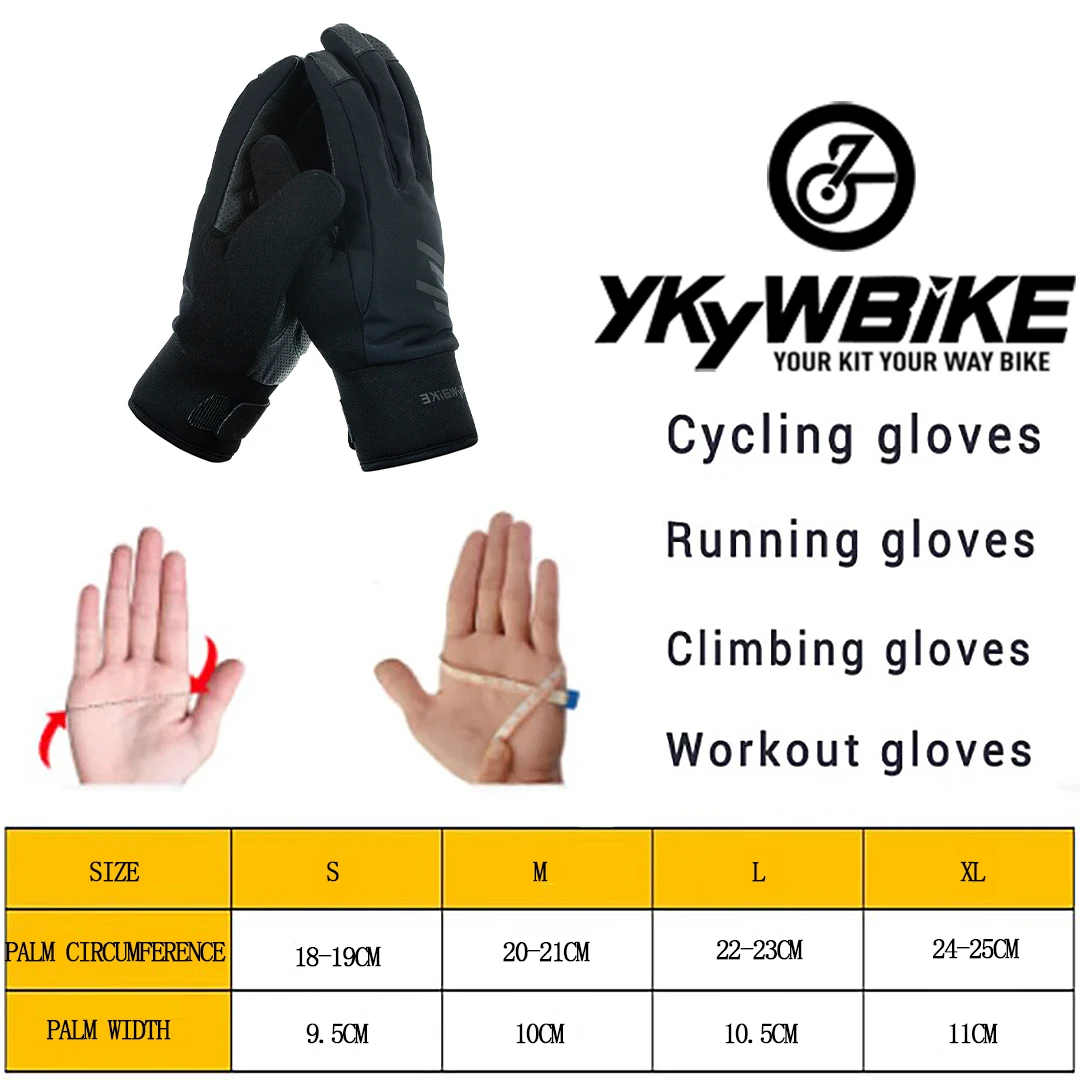 YKYWBIKE Cycling  Gloves Men Winter Thermal Fleece Full Finger Waterproof Windproof  Bicycle Gloves For Pads Touch Screen