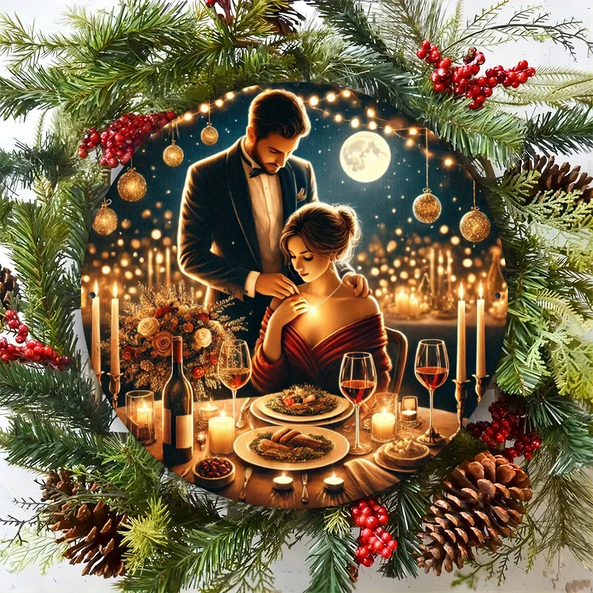 

Vintage Wall Art - Romantic Candlelit Dinner for Couples, Frameless Round Design, Cozy Ambiance Art, Room Decor