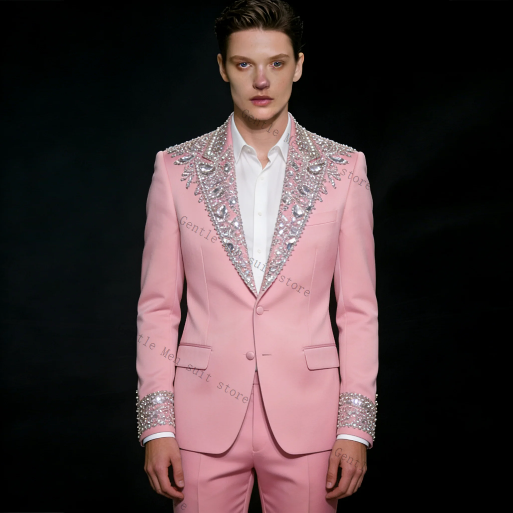 

Luxury Crystals Men Suit Set 2 Pcs Blazer+Pants Trousers Pink Wedding Tuxedo Formal Office Business Jacket Coat Customized