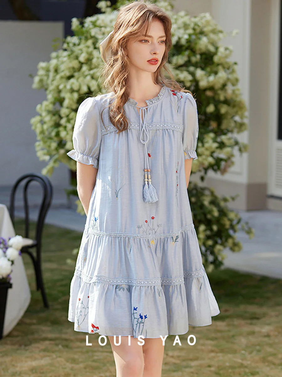 LOUIS YAO 2025 Summer Sweet Embroidered Bubble Sleeve Dress Fresh Tassel Lace Round Neck Loose Women's Dress