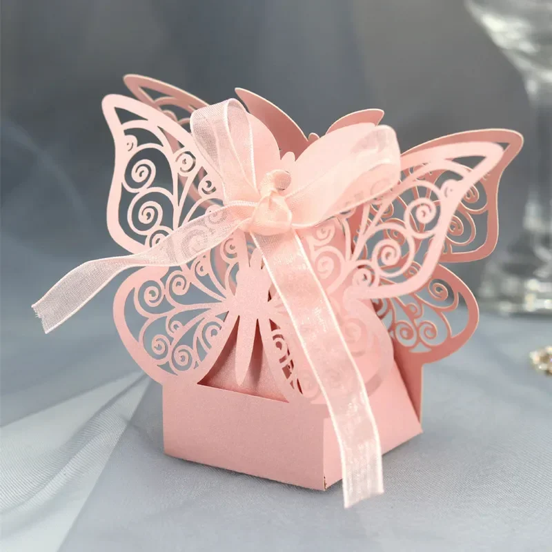 

10/50/100pcs Pink Butterfly Hollow Laser Favor Box Gifts Candy Dragee Box with Ribbon Baby Shower Wedding Birthday Party Decor