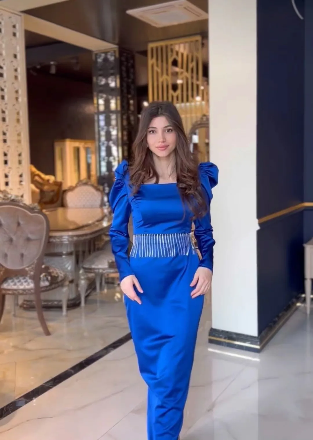 

Royal Blue Tassel Prom Dresses 2023 Long Sleeves Sash Ankle-Length Arabia Robes De Formal Occasion Dresses платье вечернее