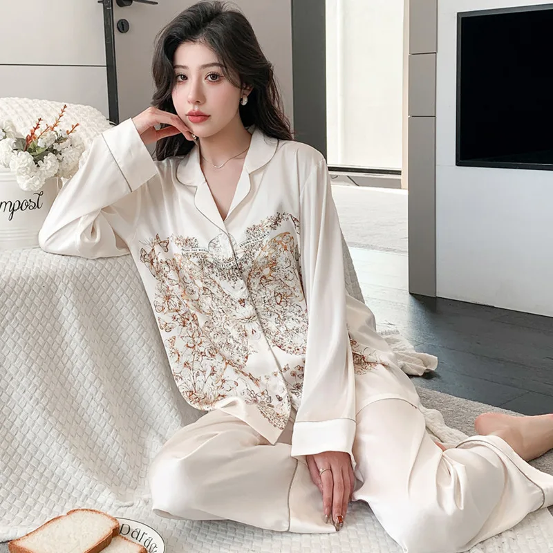 

2024 Spring Summer New Pajamas Women's Solid Color High-Grade Ice Silk Long-Sleeved Trousers suit Outwear Home Clothes