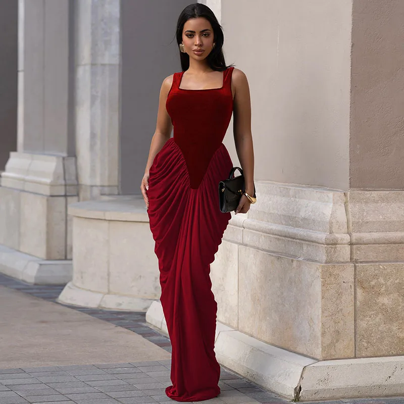 

Doyerl Elegant Velvet Formal Evening Dresses for Women Celebrity Night Club Party Patchwork Ruched Slim Bodycon Maxi Dress Robes