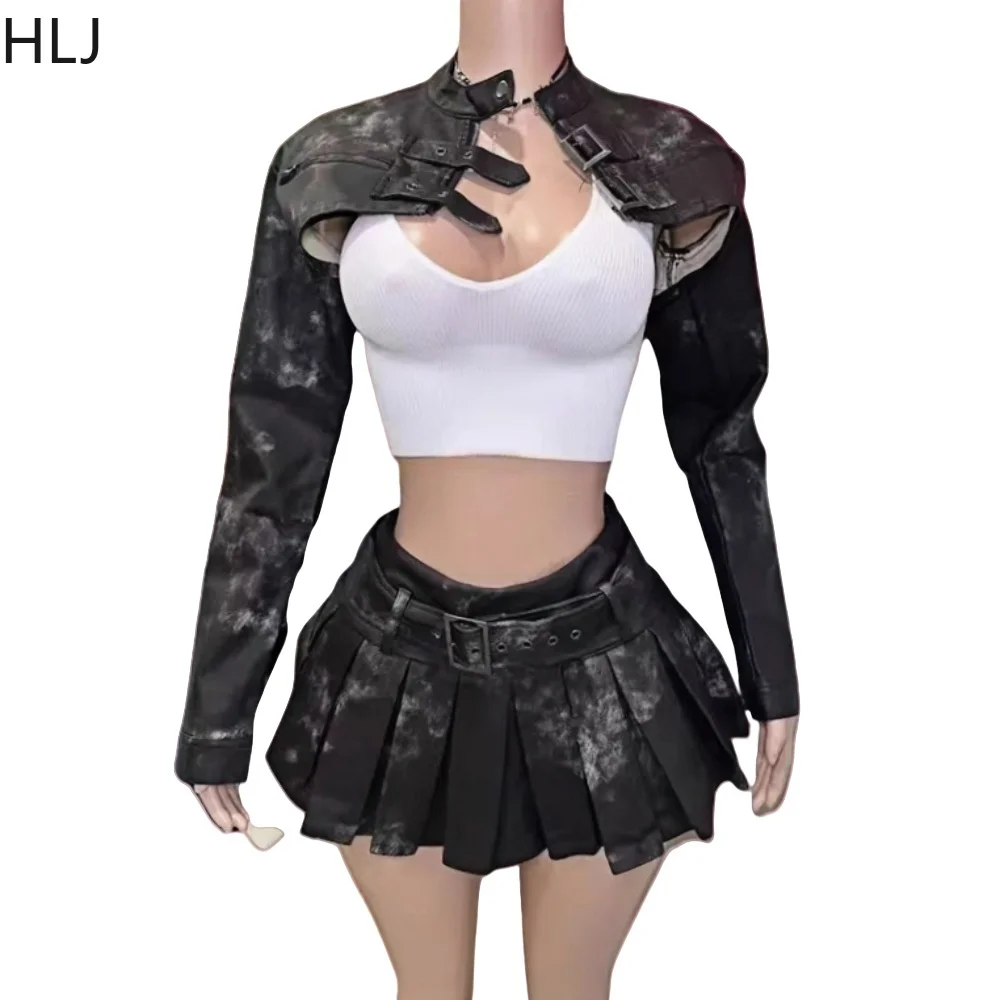 HLJ Balck Fashion Punk Rock Leather Two Piece Sets Women Button Long Sleeve Crop Jacket + Belt Pleated Skirts Outfits Streetwear