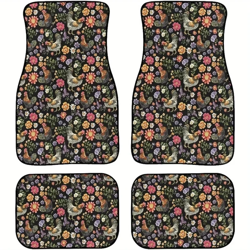 4pcs Waterproof Car Floor Mat Chicken Floral Print Durable Universal Fit Car Carpet Anti-Slip Floor Mats For SUV Vans Sedan Truc 4