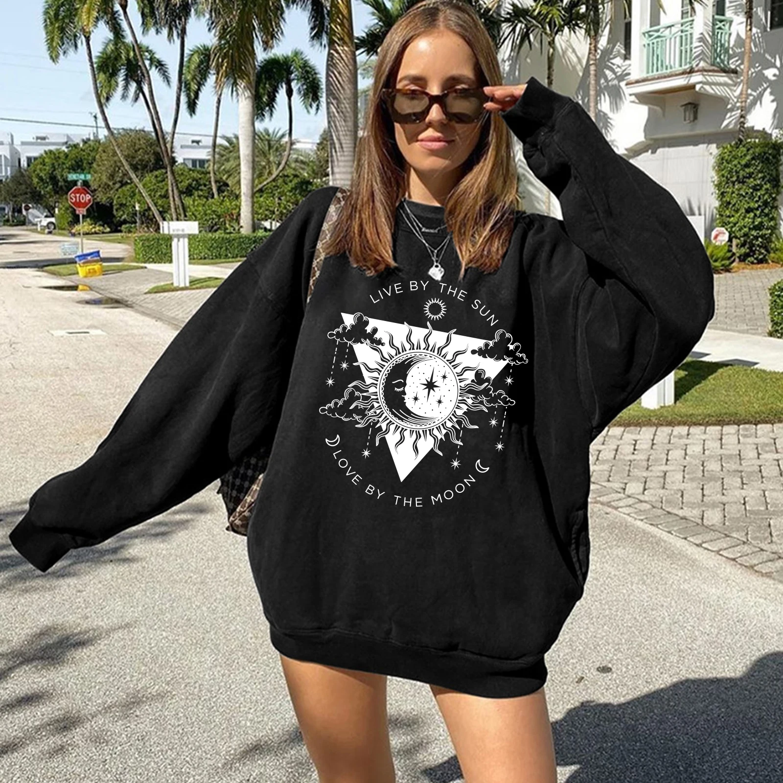 Seeyoushy LIVE BY THE SUN LIVE BY THE MOON Sun Moon Printed Ladies Top Y2K 2023 Trend Streetwear Autumn Winter Ladies Hoodie