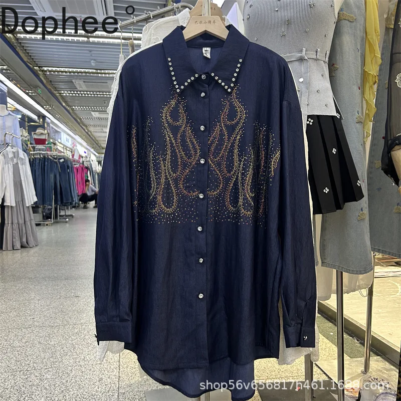 

Fashion Hot Drilling Single-breasted Long Sleeve Women Blouses Spring Autumn Loose Shirt All-match Diamonds Casual Cardigans Top