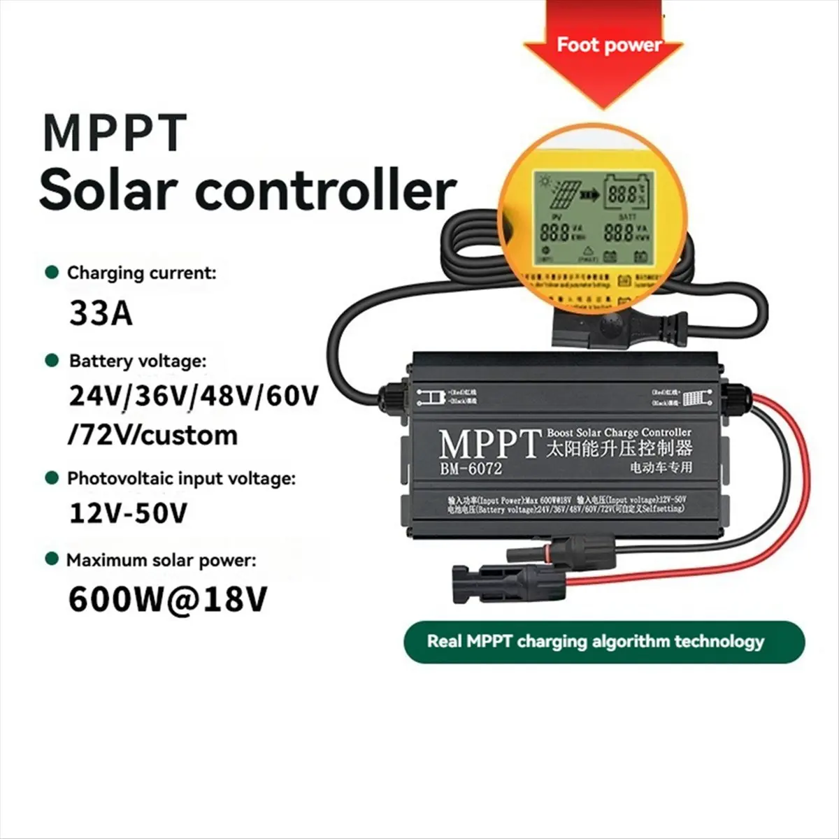 A99X 600W Solar Boost Charge Controller MPPT Electric Car Charging Voltage Regulator for 24V 36V 48V 60V 72V Battery