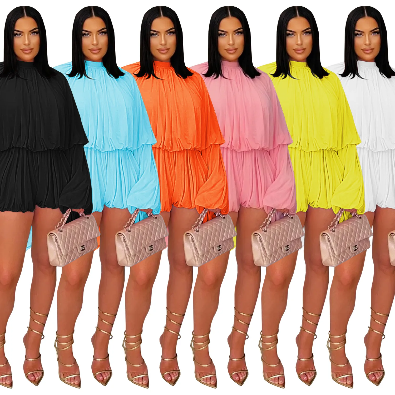 

2025 Hot Sale Fashion Women Casual Pleated Solid Color Jumpsuits Loose Long Sleeves Leisure Shorts Rompers Playsuit