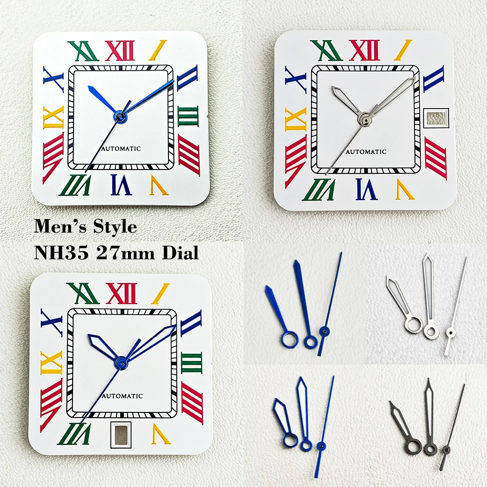 NH35 New Square 27mm Watch Dial Colored Roman numerals Fit NH35 Movement Men's Watch Accessoies Customizable Logo Dial
