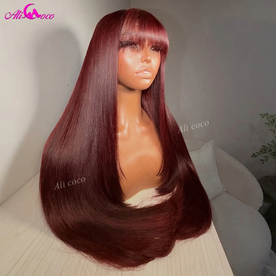 99J Burgundy 5x5 Lace Closure 180 Density Body Wave Human Hair Wig With Cute Bang13x4 13x6 Lace Front Wigs Pre Plucked for Women