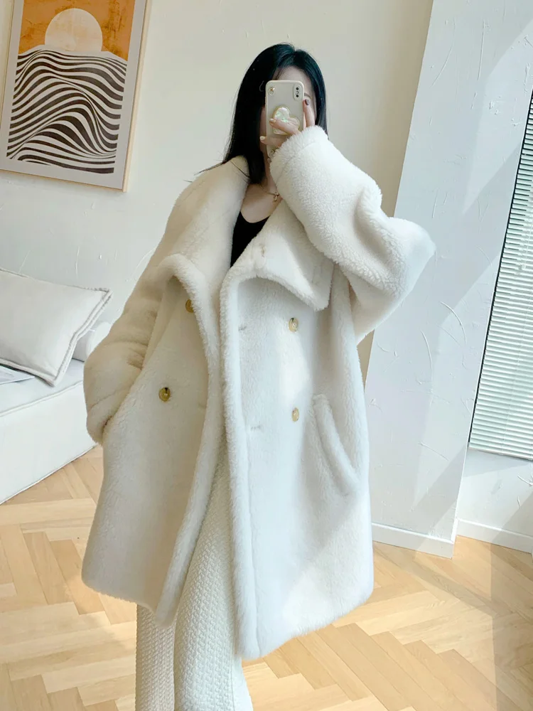 

White New Teddy Bear Short Lapel Alpaca Wool Teddy Fur Coat Fashion Woman Double-breasted Real Fur Loose Warm Fit Autumn Winter