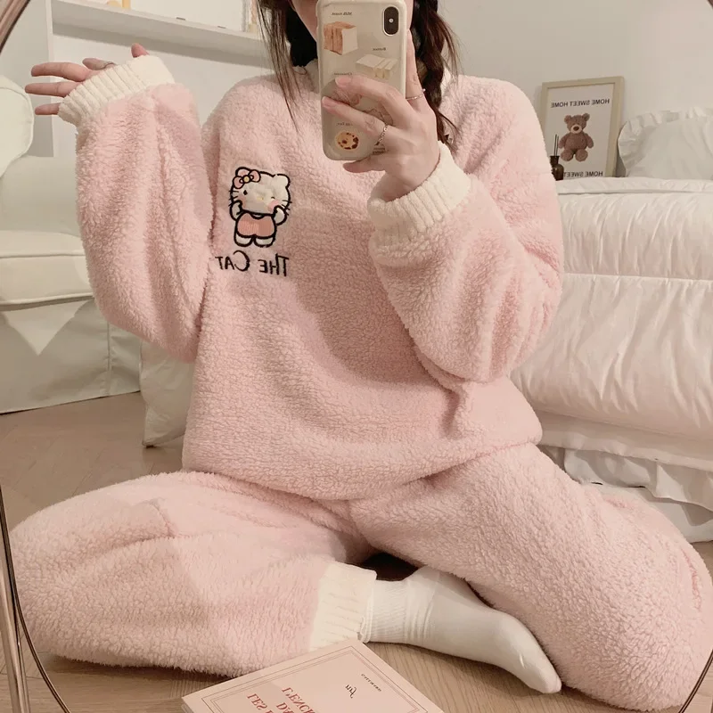 

Anime Sanrio Hello Kitty Plush Women Pajamas Cartoon KT Cat Round Neck Long-sleeved Pants Winter Thickened Warm Homewear Suit