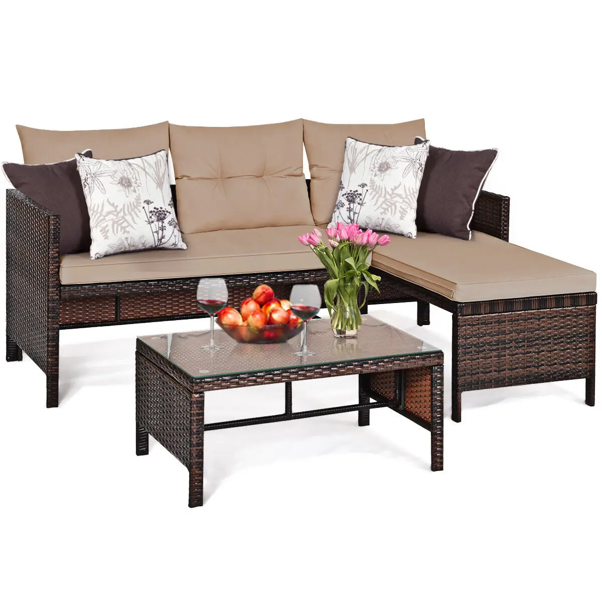 

3 PCS Patio Wicker Rattan Sofa Set Sectional Conversation Furniture Set