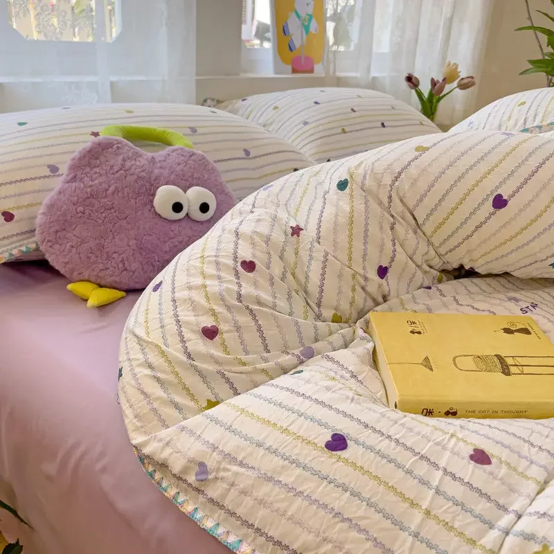 Ins Bedding Set Purple Love Stripe Double Layer Yarn Four Piece Dormitory Girl Heart Bed Sheet And Quilt Set Washed Cotton