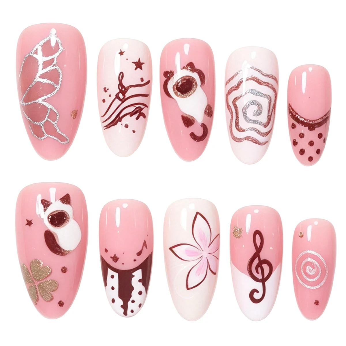 30 Stück Süße Rosa Mandel-Kunstnägel mit Cartoon-Katzen-, Musiknoten-, Polka-Dot- und Schmetterlingsmuster zum Aufkleben im französischen Stil für Maniküre-Kunst – Detail 3