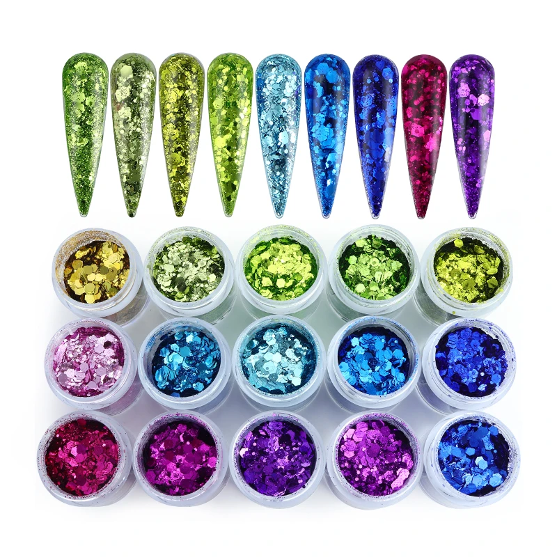 10ML Chunky Glitter Powder Nail Art Decorações Sparkly Gold Silver Mixed Hexágonos Lantejoulas Summer Nails Art Acessórios DIY Dicas