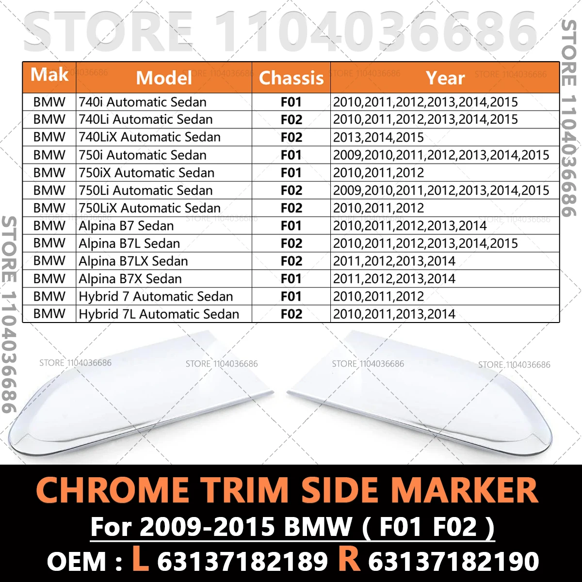For 2009-2015 BMW 740i 750i, Alpina B7, Hybrid 7 (F01 F02) Chrome Trim Side Marker Light Fender Molding 63137182189 63137182190