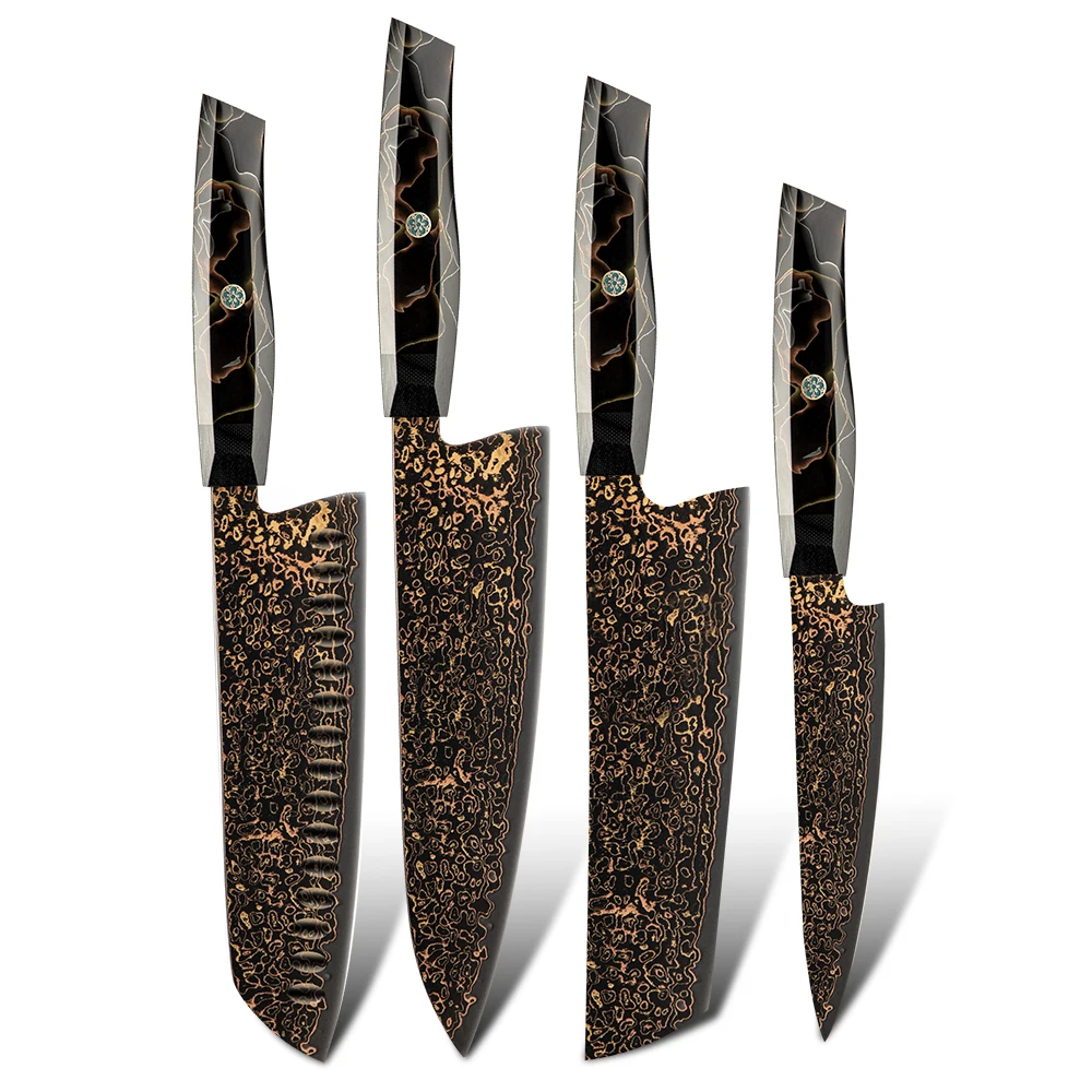 Amber New Arrival Three-color Copper 37 layers Damascus Steel VG10 Mirror polished blade Kitchen Chef Utility Knife Set