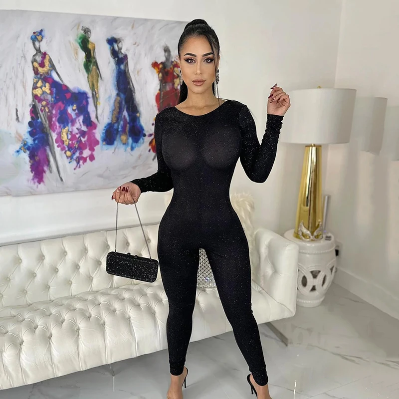 Women Backless Long Sleeve Jumpsuits Glitter High Stretch Skinny Bodycon Rompers Sexy Club Party Wear One Piece Overalls