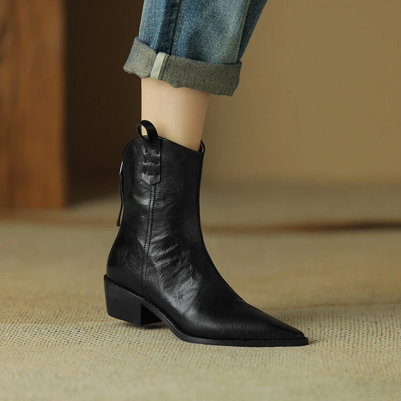 NEW Autumn Women Boots Split Leather Shoes for Women Pointed Toe Chunky Heel Women Boots Winter Short Western Boots Cowboy Boots