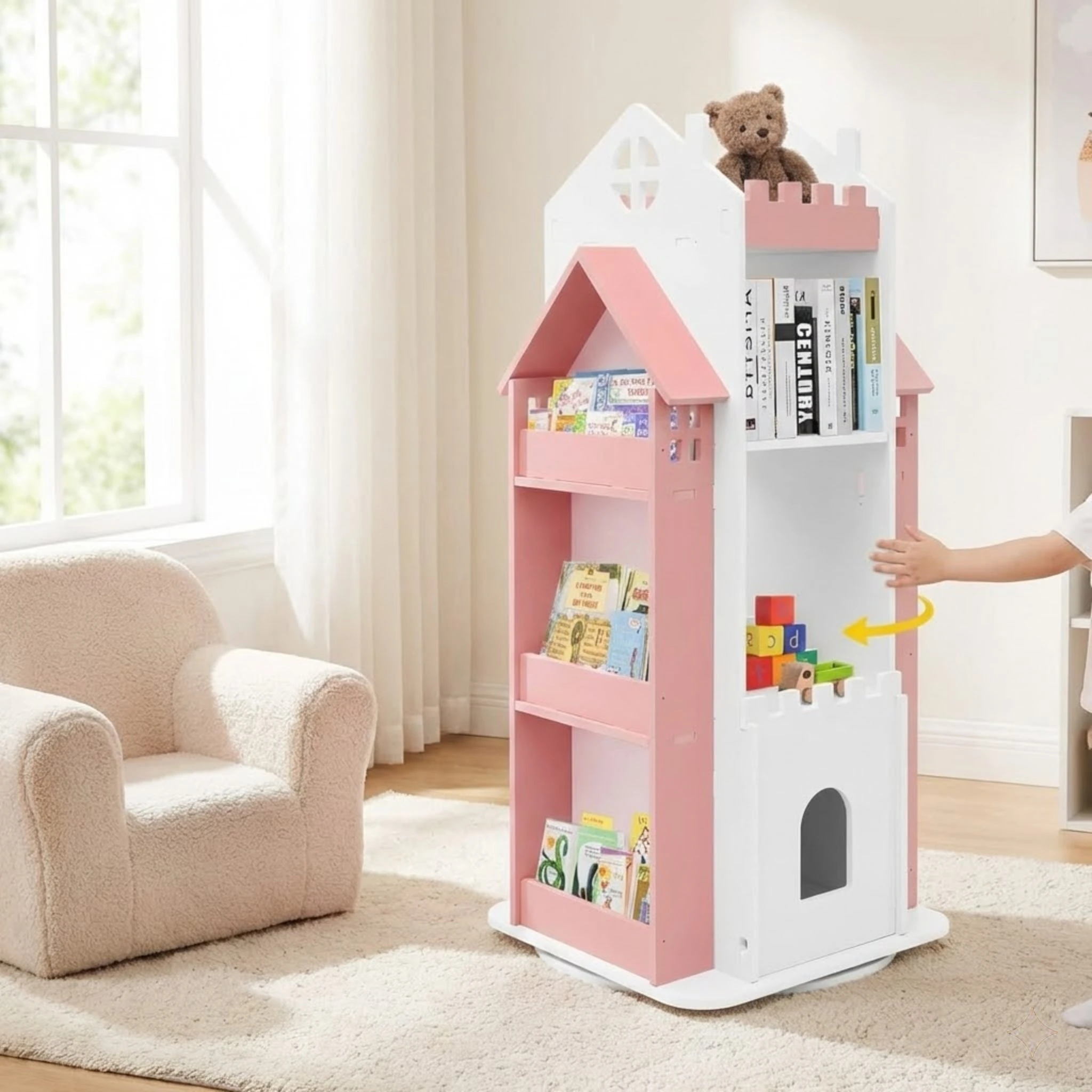 

Вращающаяся на 360 градусов книжная полка для детской комнаты, стеллаж для книг для малышей, органайзер в форме замка, деревянная подставка для хранения, розовый цвет