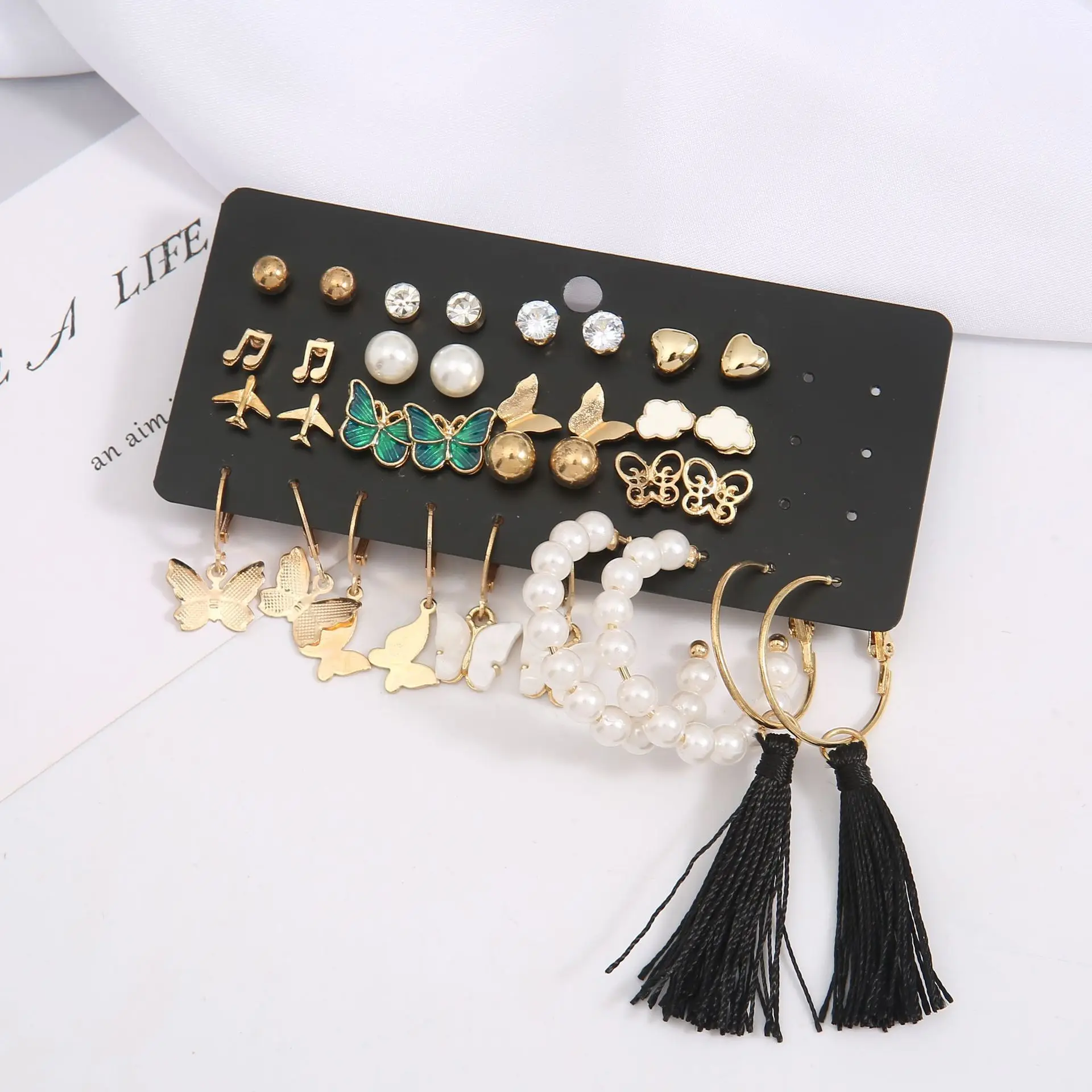 Korean Fashion Earrings For Women Jewelry 2024 Trending Creative Combination Music Symbol Pearl Airplane Butterfly Earrings Set