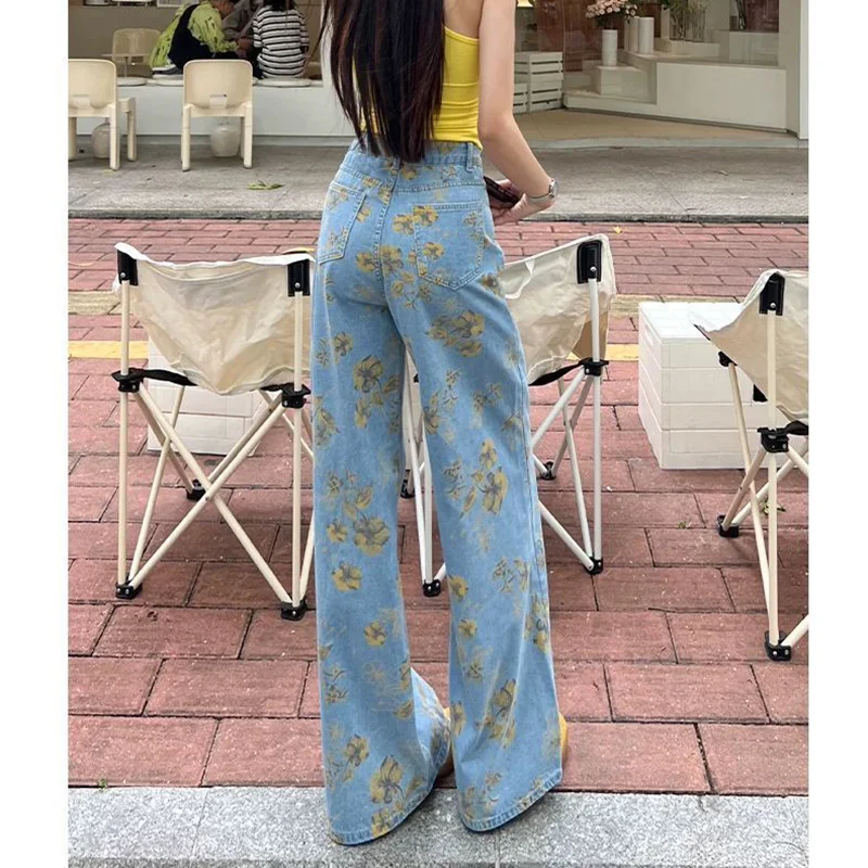 Celana Jeans Gambar Bunga Biru Retro Wanita 2025 Celana Denim Pinggang Tinggi Wanita Celana Jeans Harian Kasual Tipis Anak Perempuan