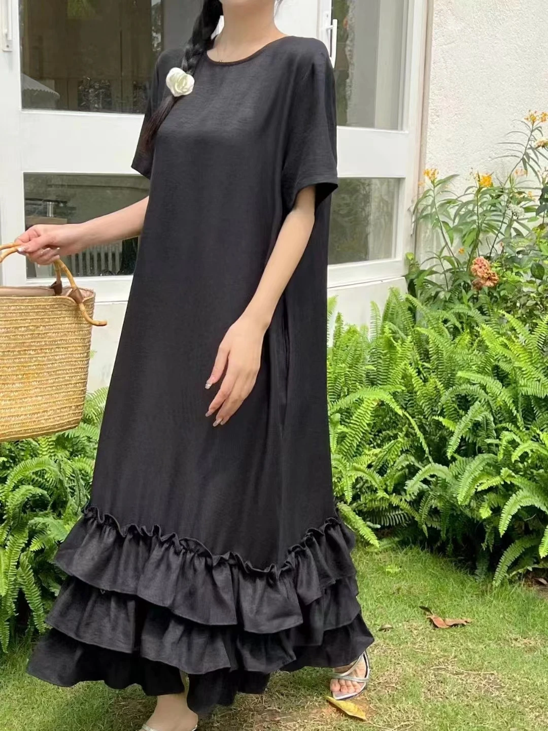 Vestido casual solto de manga curta f, vestido longo fino de verão com gola redonda, bainha de renda dupla camada, efe...