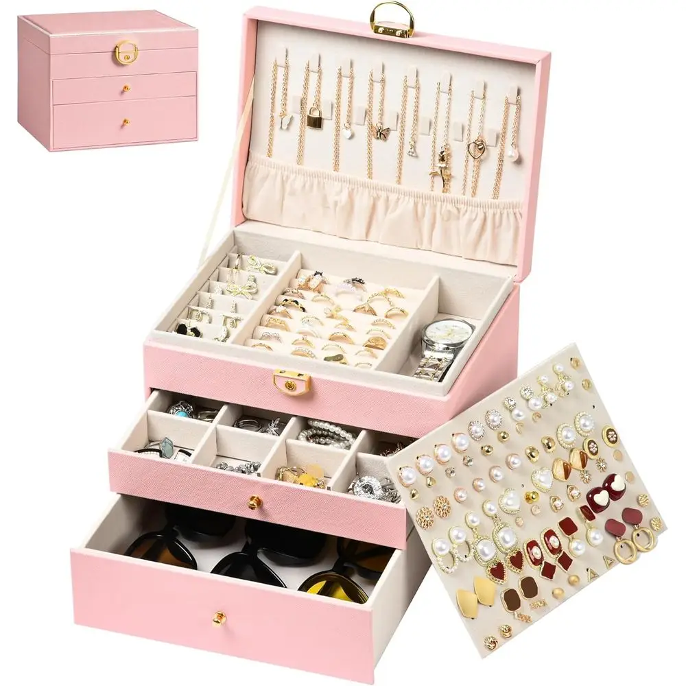 

Pink Leather 3-Layer Jewelry Box with 2 Drawers for Women - Large Storage for Accessories
