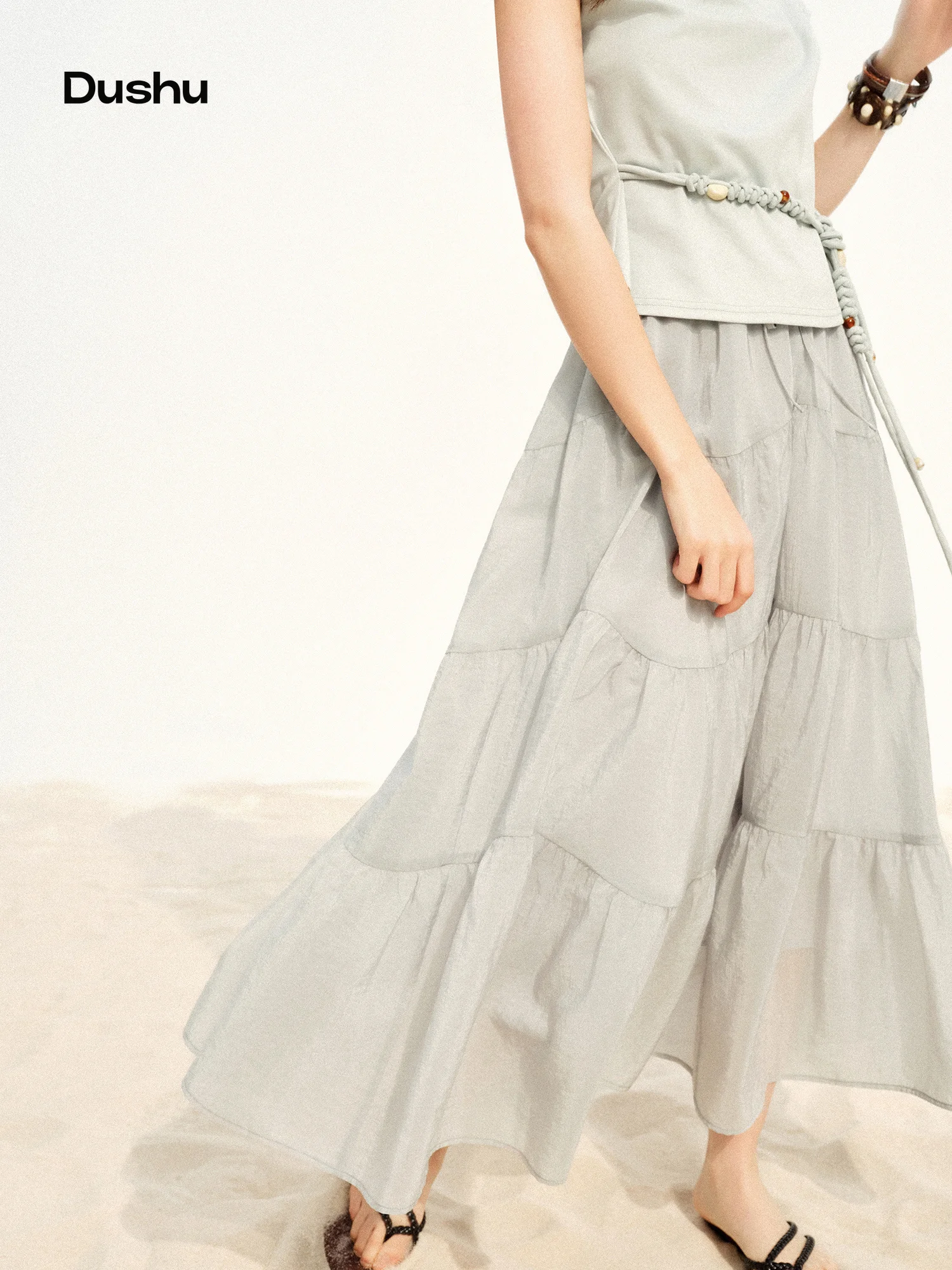 

DUSHU Tiered Midi Skirt High Elastic Waist Arc Split Cake Skirt Summer Casual Solid Lake Green Women Ins Fairycore