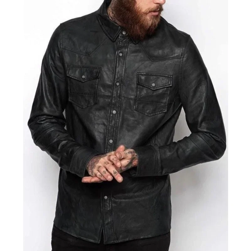 Mens Shirt Jacket Black Real Soft Genuine Lambskin Washed Waxed Leather Shirt