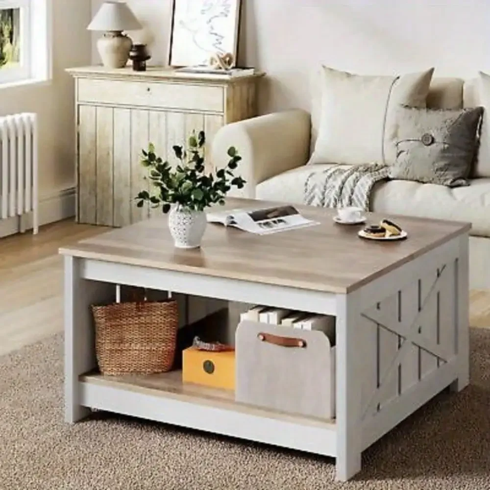 Square Coffee Table Rustic Cocktail Center with Bottom Shelf Living Room