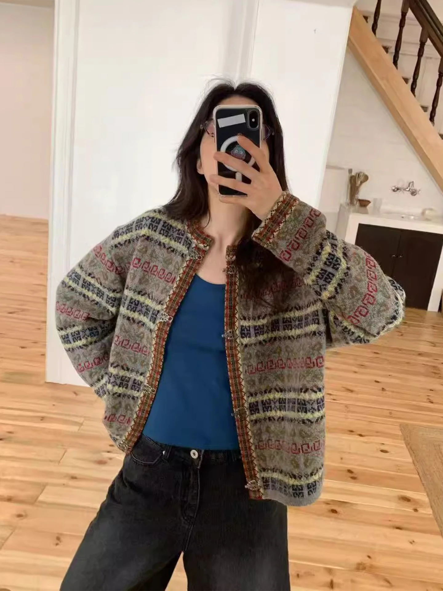 

Тяжелый вязаный свитер в стиле ретро Fair Isle Color Blo, женский осенний новый вязаный топ на пуговицах