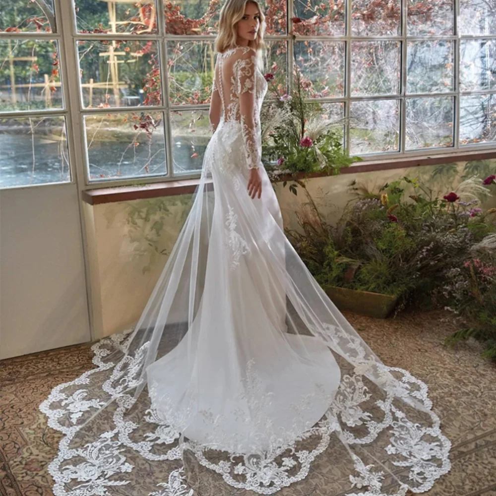 Classy Long V Neck Lace Wedding Dresses Full Sleeves with Appliques Mermaid Sweep Train Vestido Noiva Bridal Gowns